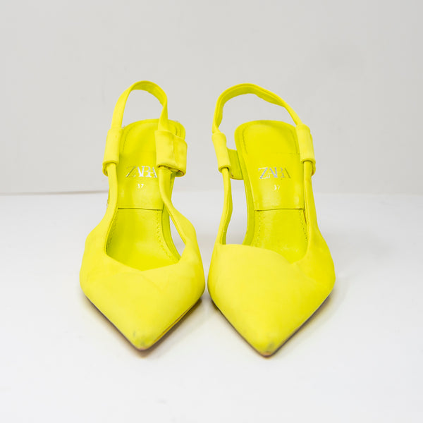 Zara Fabric Wrapped Pointed Toe Slingback High Heels Shoes Neon Yellow 7