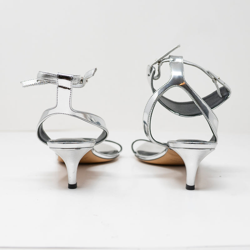 Isabel Marant Genuine Patent Leather Metallic Silver Open Toe Kitten Heels Shoes