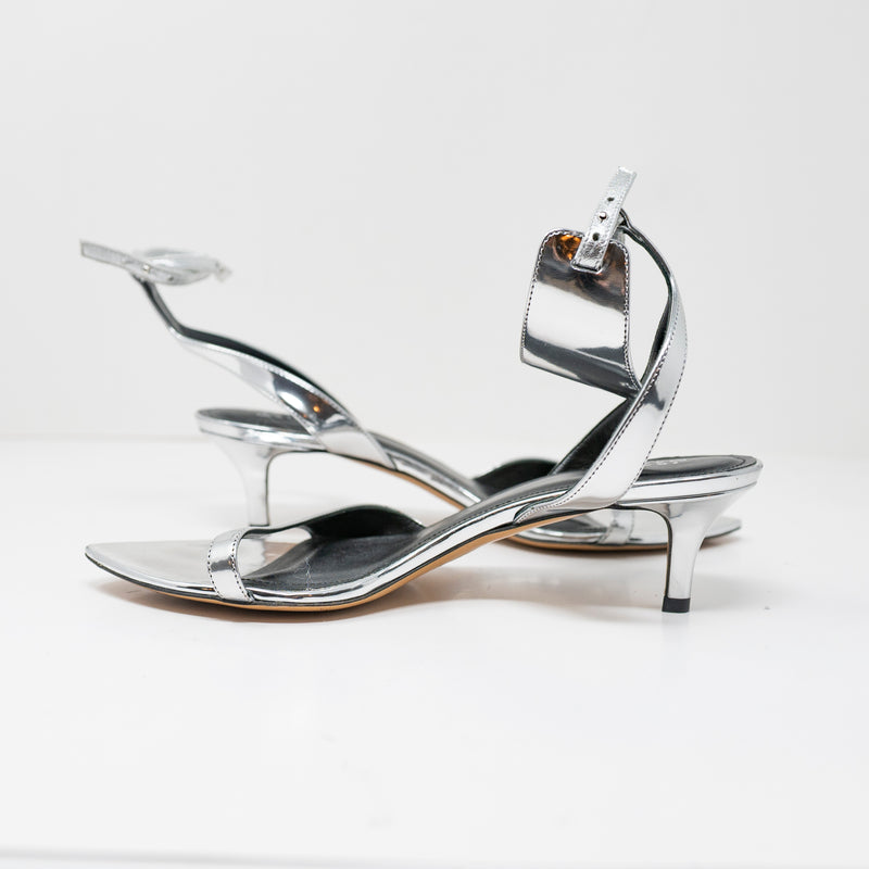 Isabel Marant Genuine Patent Leather Metallic Silver Open Toe Kitten Heels Shoes