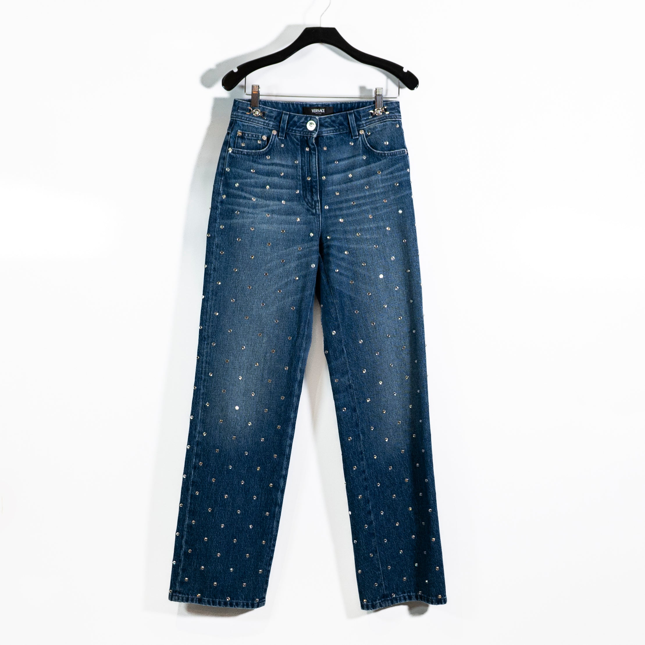 Versace Women's Crystal Jewel Diamond Embellished Cotton Straight Leg Jeans 27