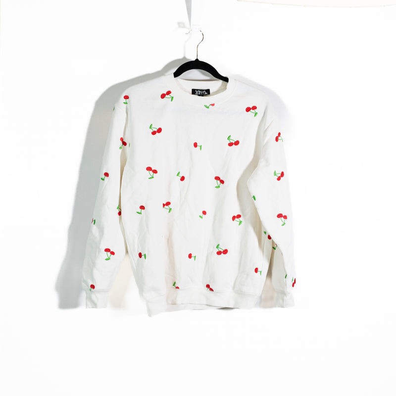 Vinyl Icons Cherry Fruit Print Embroidered Crew Neck Cotton Blend Sweatshirt S