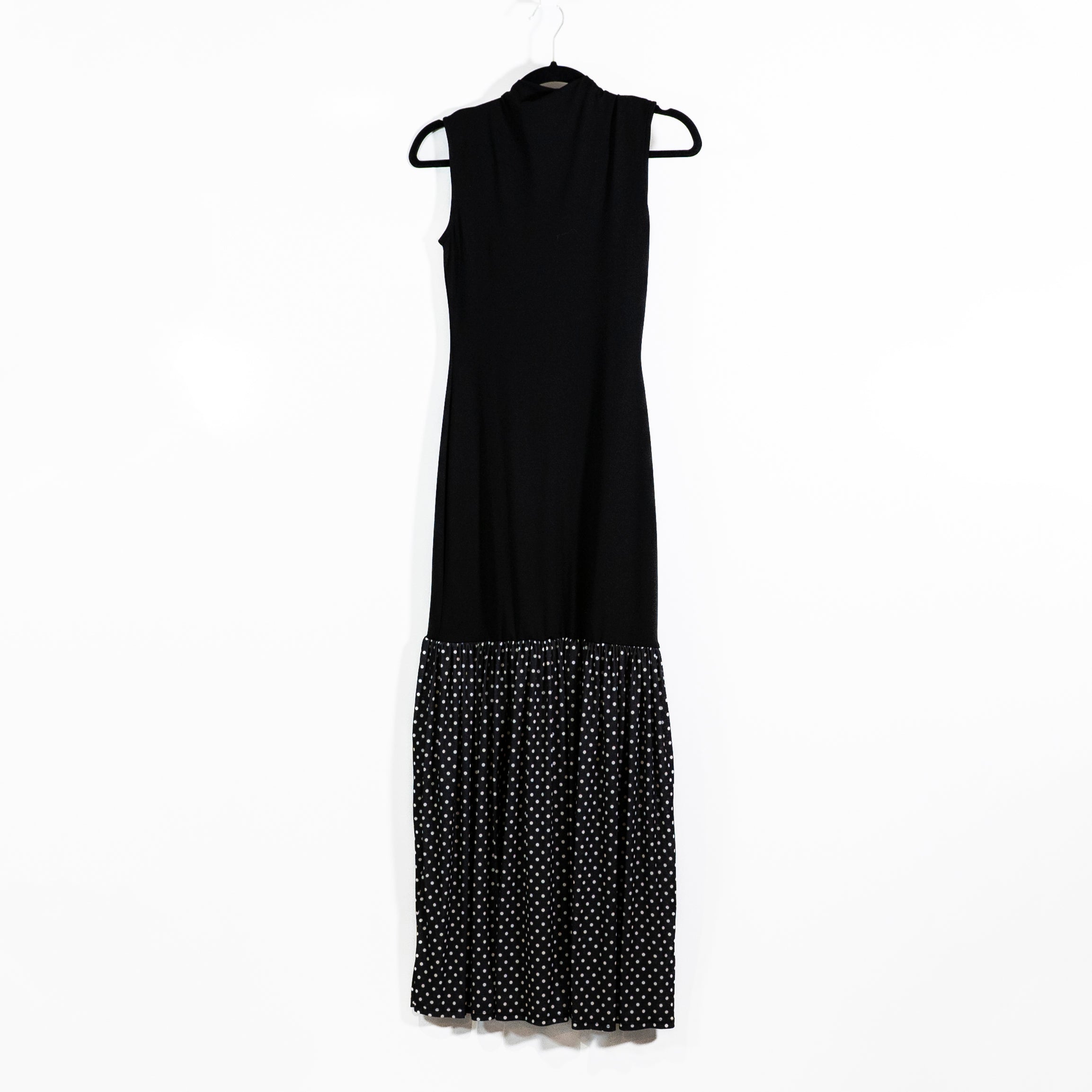 ASOS Design Stretch Knit Drop Waist Chiffon Pleated Polka Dot Maxi Dress Black