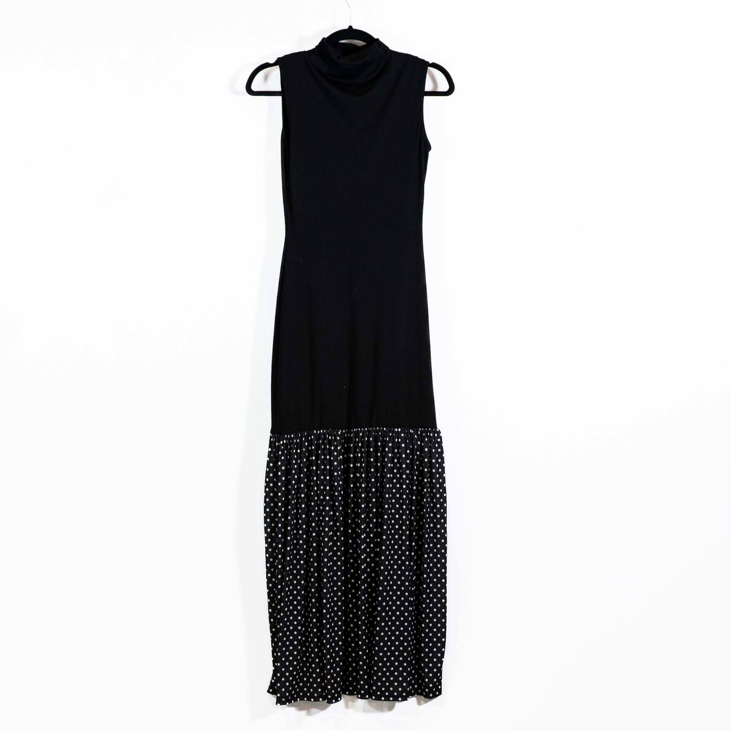 ASOS Design Stretch Knit Drop Waist Chiffon Pleated Polka Dot Maxi Dress Black