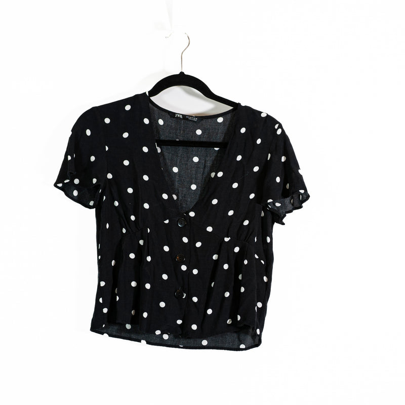 Zara Crepe Chiffon V Neck Button Front Polka Dot Print Pattern Blouse Shirt S