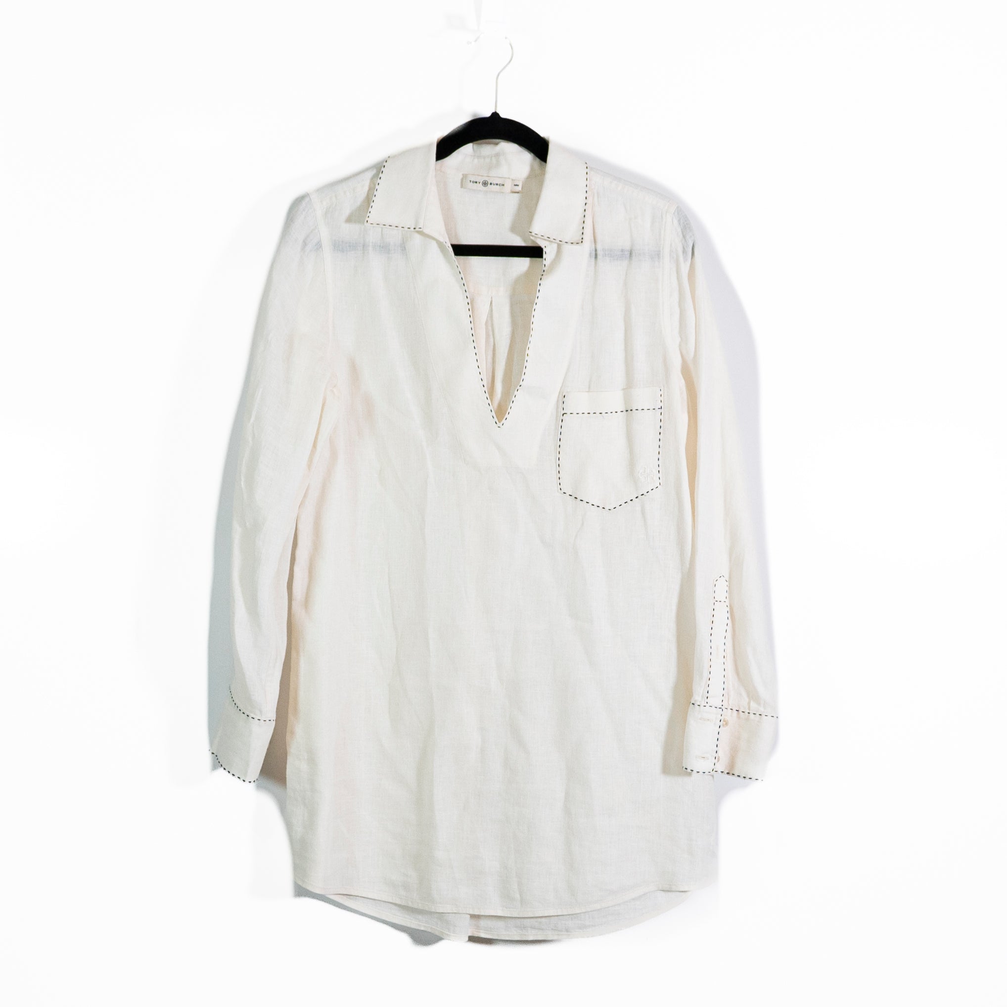 Tory Burch Linen Lightweight Collared V Neck Pullover Tunic Blouse Shirt Top M