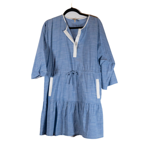 Joie Ecidra Cotton Chambray Tie Waist Tiered Pocket Pullover Mini Dress Blue S