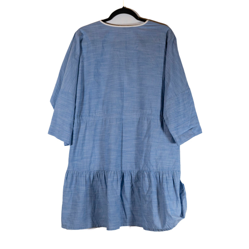 Joie Ecidra Cotton Chambray Tie Waist Tiered Pocket Pullover Mini Dress Blue S