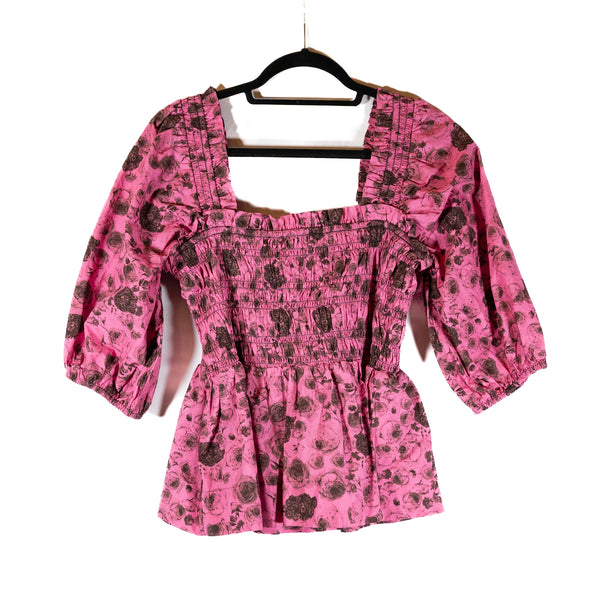 Ganni Organic Cotton Poplin Watercolor Pink Black Floral Smocked Blouse Shirt L