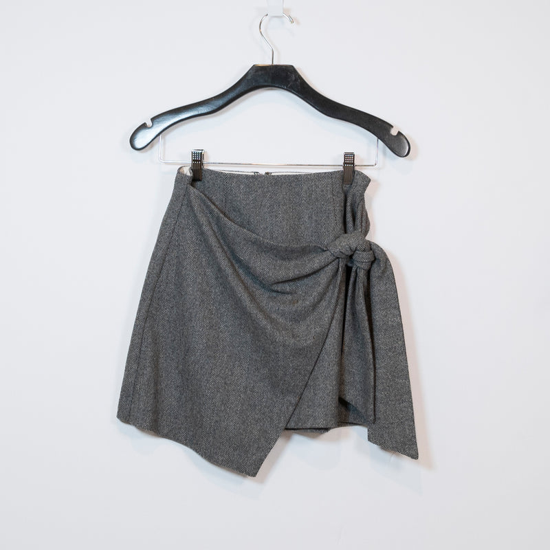 Wilfred Aritzia Wool Cashmere Front Twist Tie Front Mini Skirt Gray Herringbone