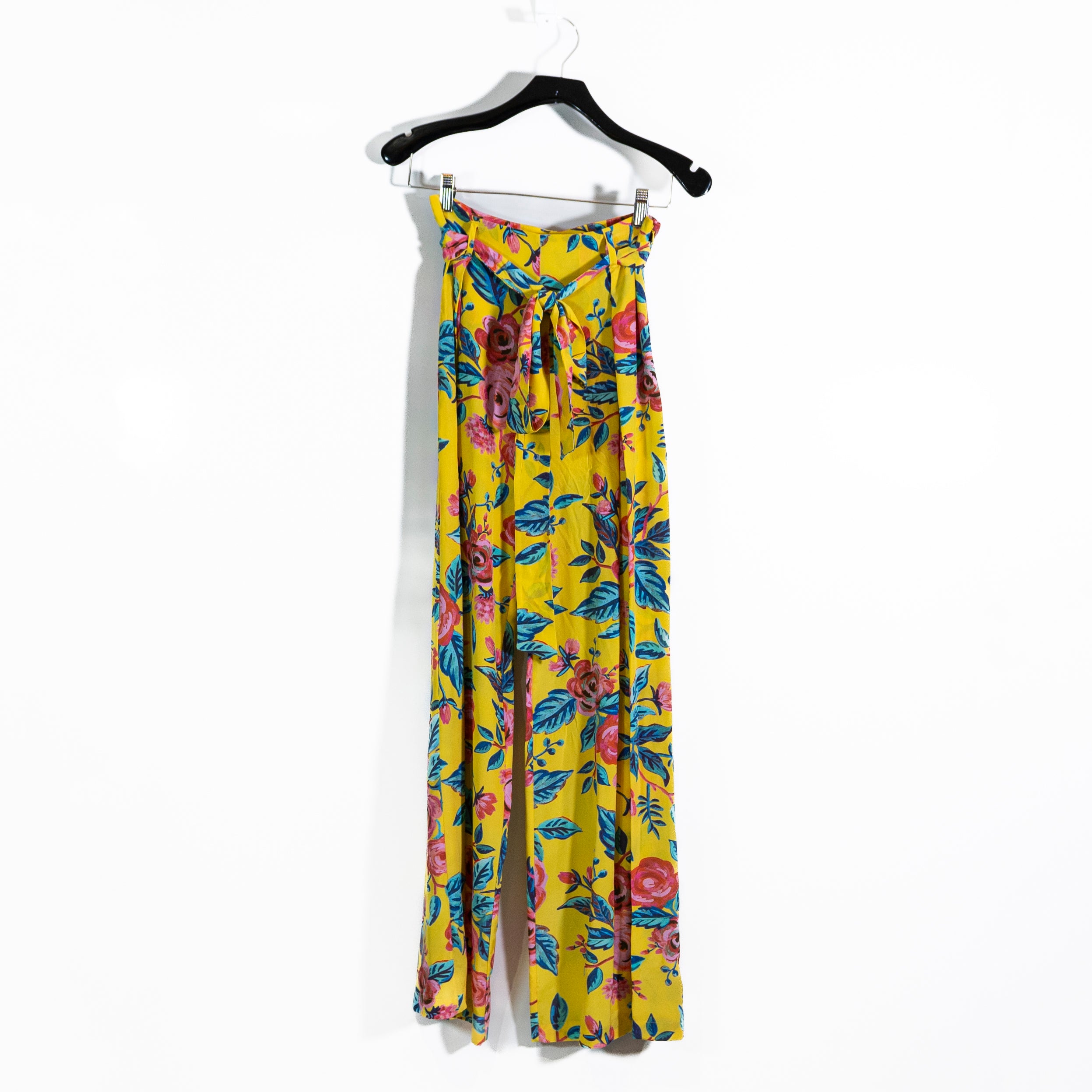 We Are Leone Silk Chiffon Yellow Floral Flower Print Pattern Straight Leg Pants