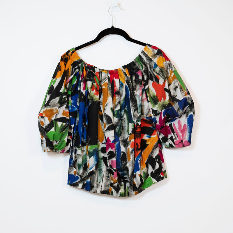 Marni Made In Italy Cotton Poplin Abstract Print Pattern Short Sleeve Blouse Top