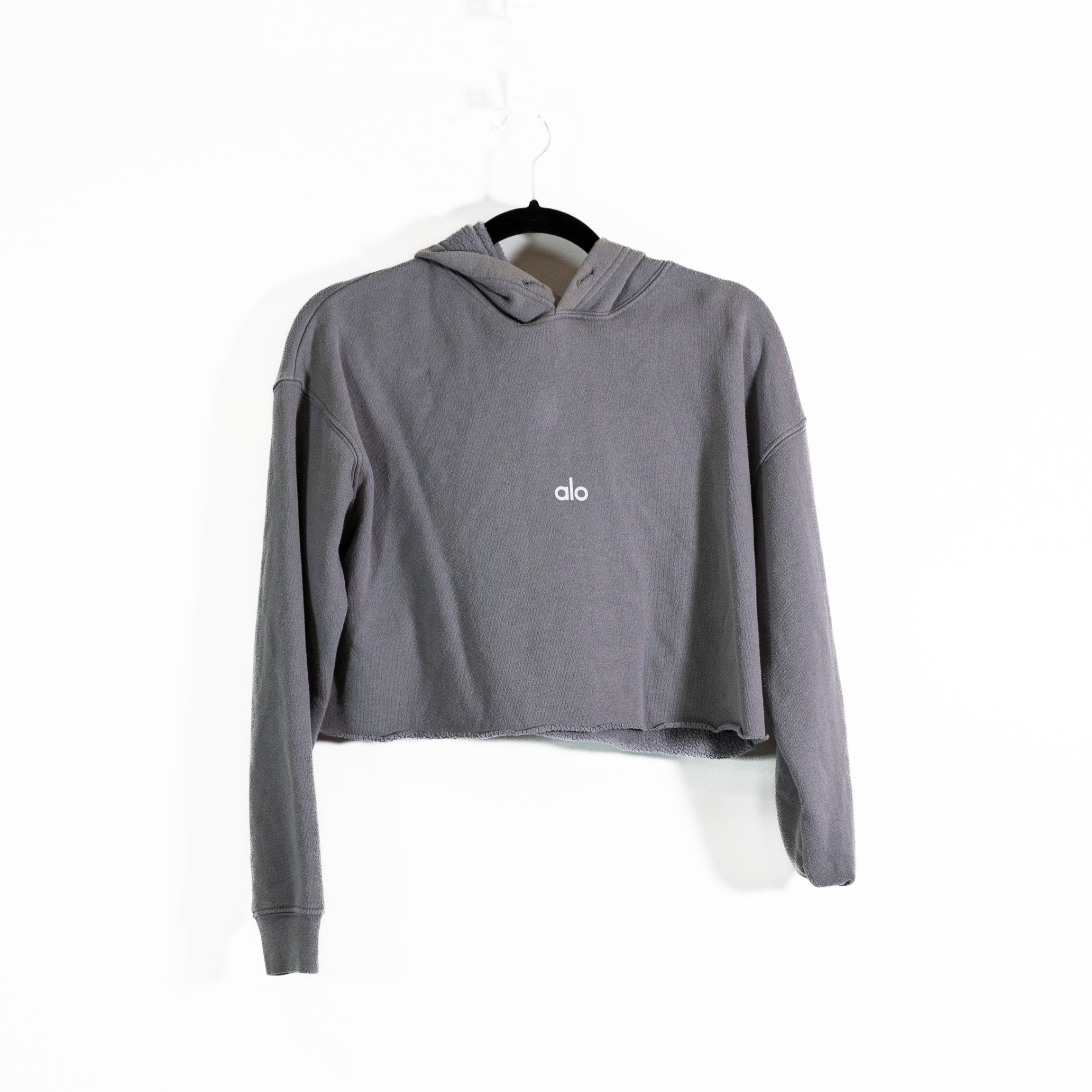 Alo Yoga Women's Cotton Blend Terry Lined Cropped Hoodie Sweatshirt Sweater Gray