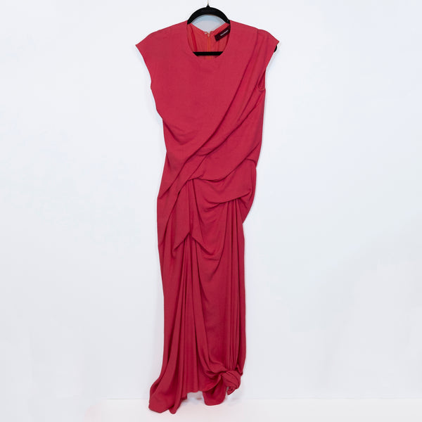 Sies Marjan Wool Blend Crepe Ruched Pin Tuck Draped Scoop Neck Midi Dress Pink 4