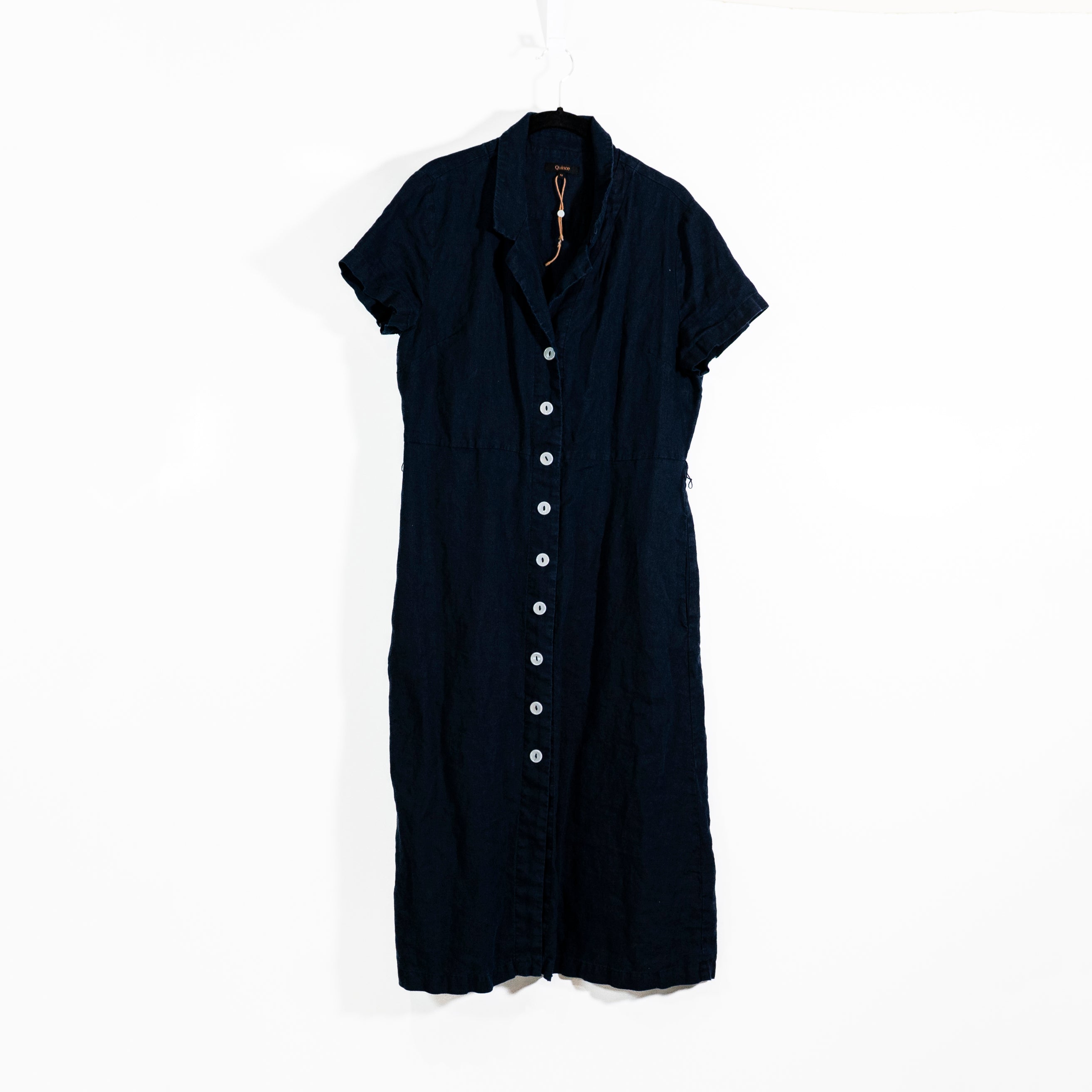 Quince Women's 100% European Linen Button Front Midi Dress Deep Navy Blue Medium