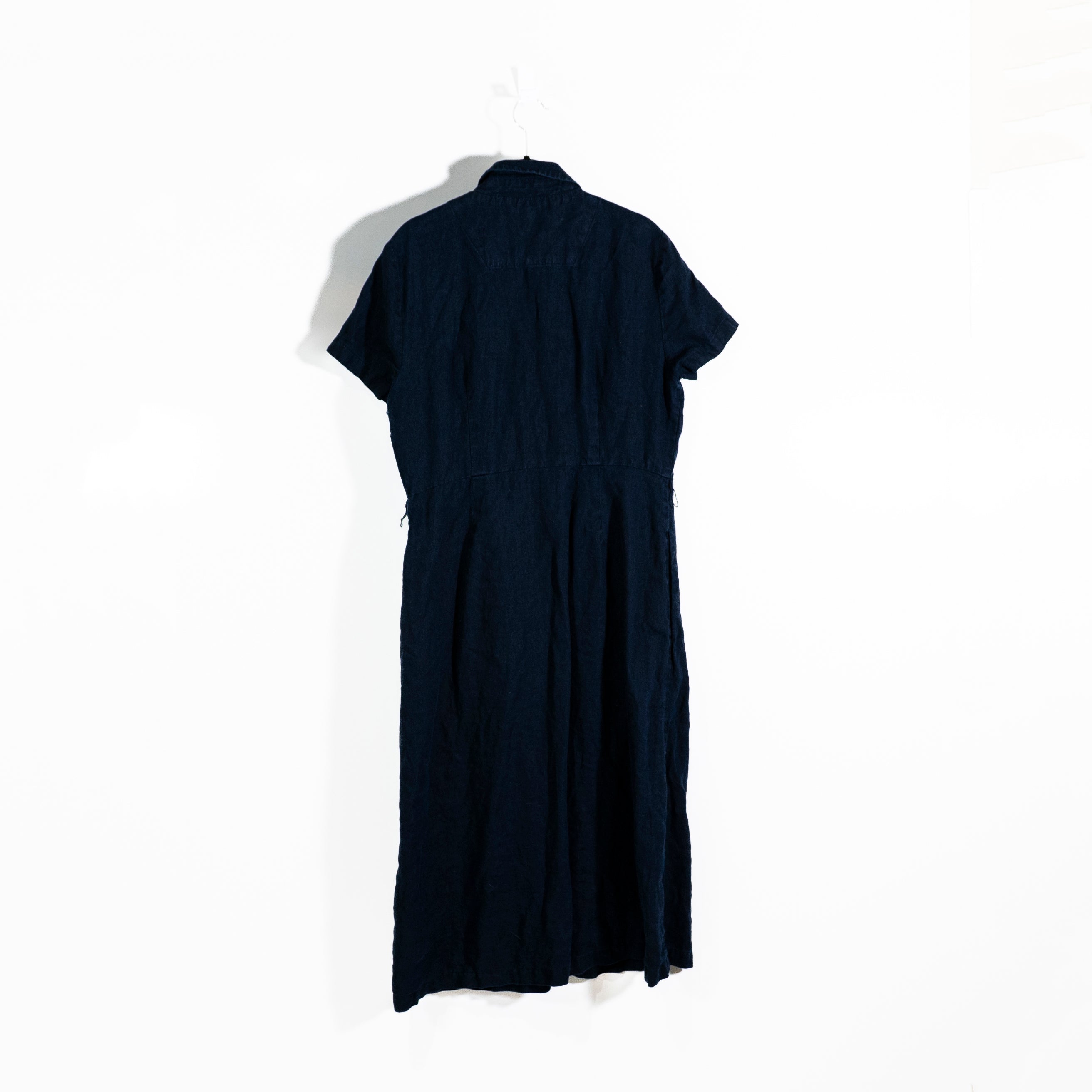 Quince Women's 100% European Linen Button Front Midi Dress Deep Navy Blue Medium