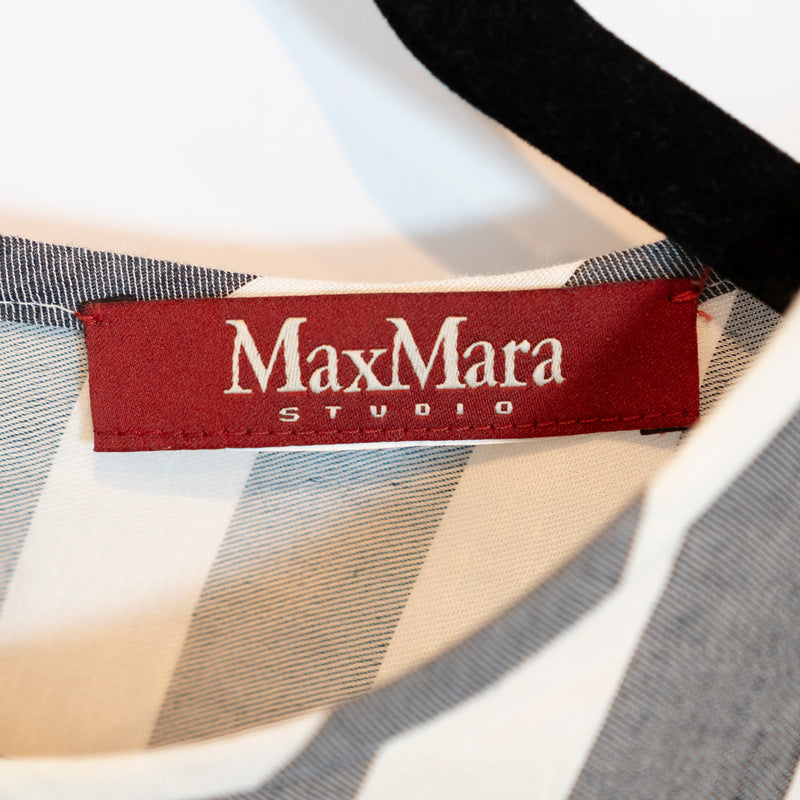 MaxMara Studio Cotton Linen Lightweight Stripe Print Pleated Drop Waist Dress S