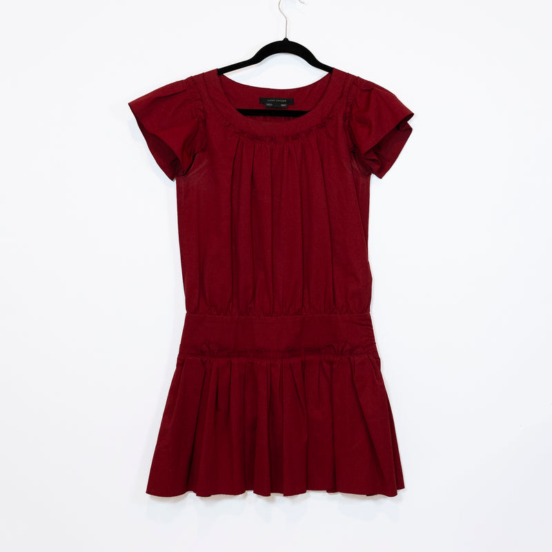 Marc Jacobs Cotton Poplin Drop Waist Pleated Ruffle Short Sleeve Mini Dress 00