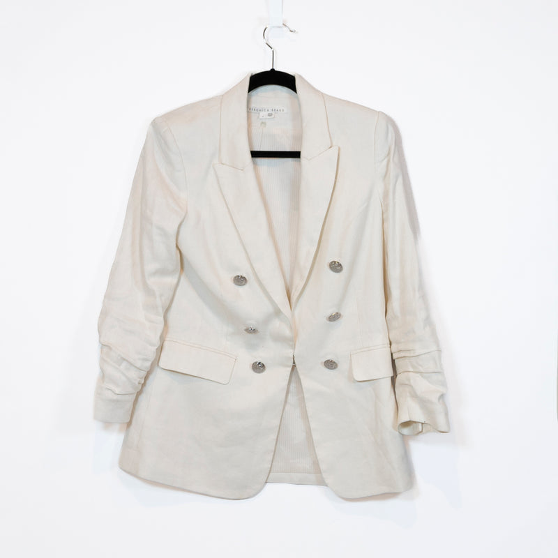 Veronica Beard Beacon Linen Double Breasted Ruched Sleeve Blazer Jacket Ivory 6