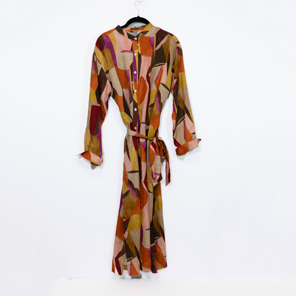 J. McLaughlin Mallory Collarless Button Front Belted Shirt Dress Multi Color M