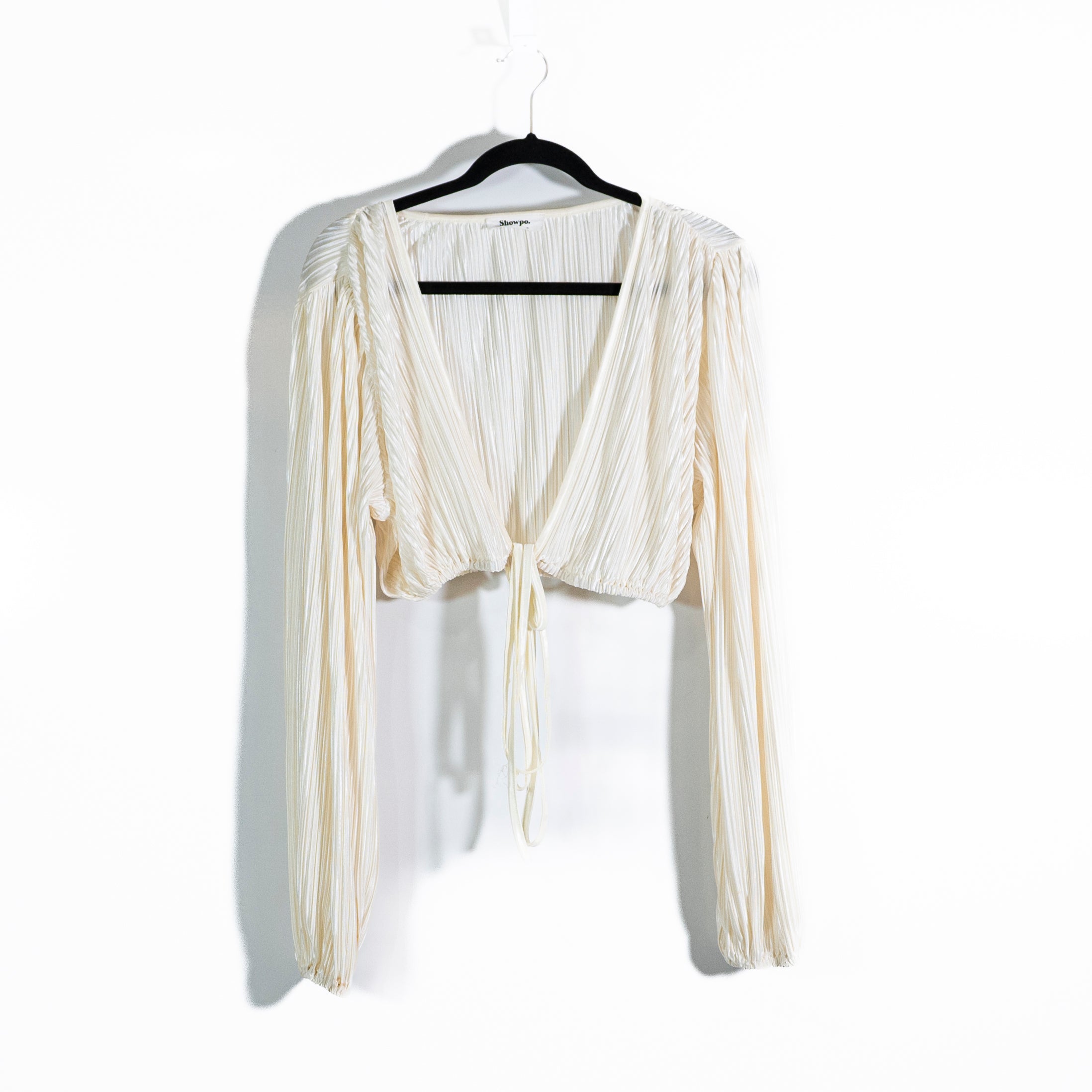 Showpo Jondra Ruched Front Long Sleeve Plisse Satin Blouse In Cream 4