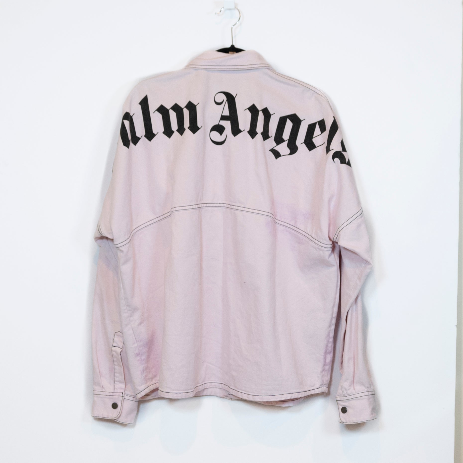 Palm Angels Cotton Back Logo Print Snap Front Button Collared Jean Jacket Pink S