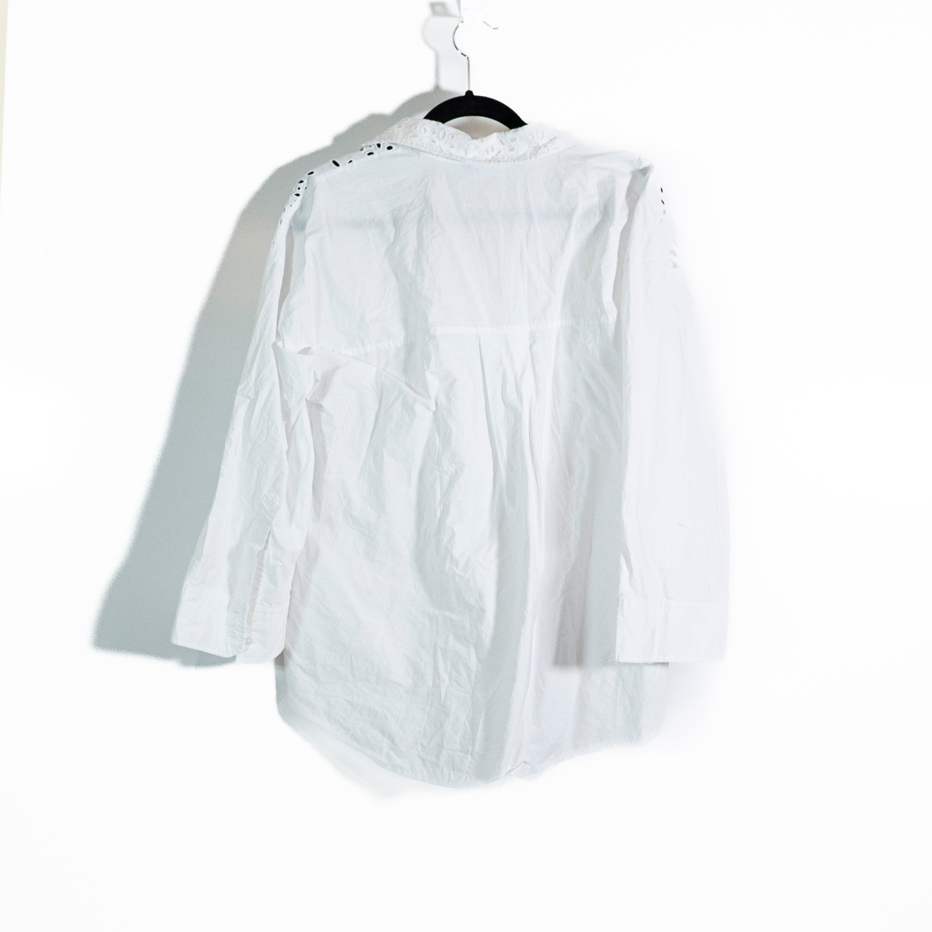 Zara Cotton Poplin Eyelet Lace Cut Out Collared Button Down Blouse White Large