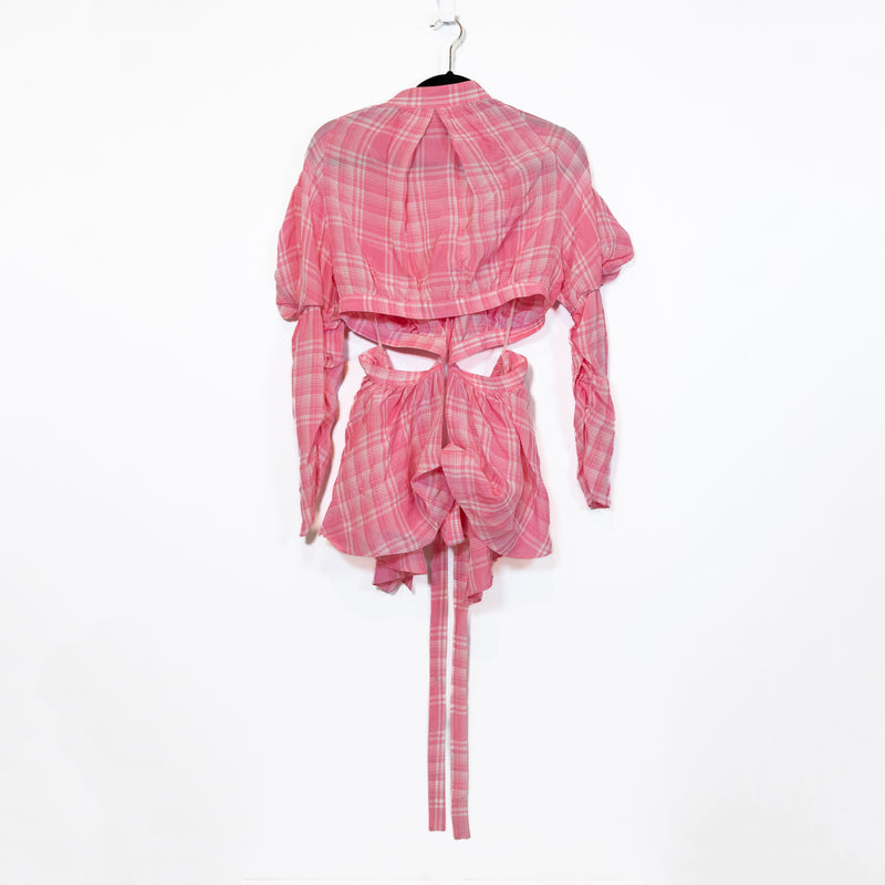 Rosie Assoulin Pink White Plaid Print Pattern Wrap Cut Out Blouse Shirt Top M