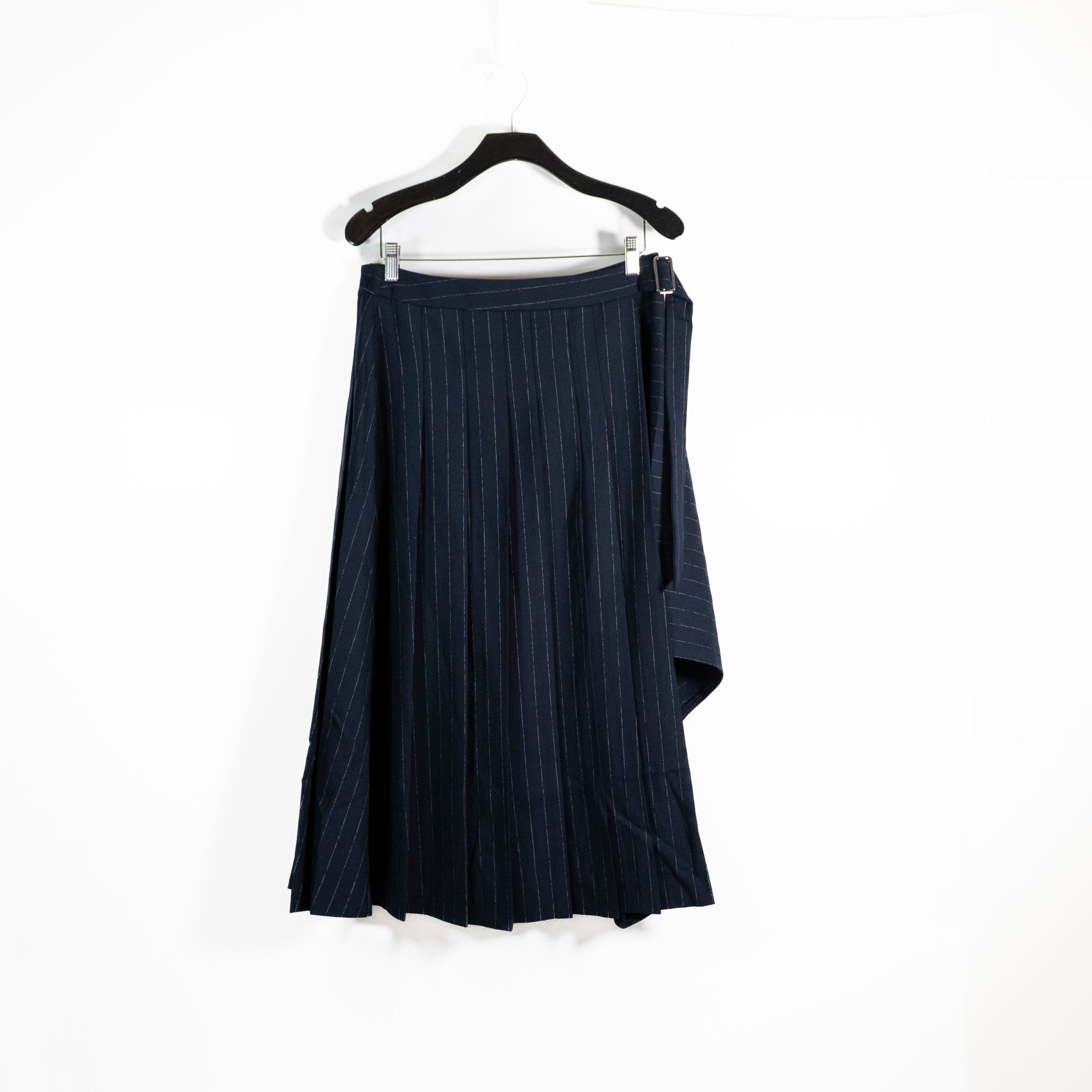 NEW Anna Quan Virginia Wool Blend Stretch Wrap Pleated Skirt Chalk Stripe Navy 8