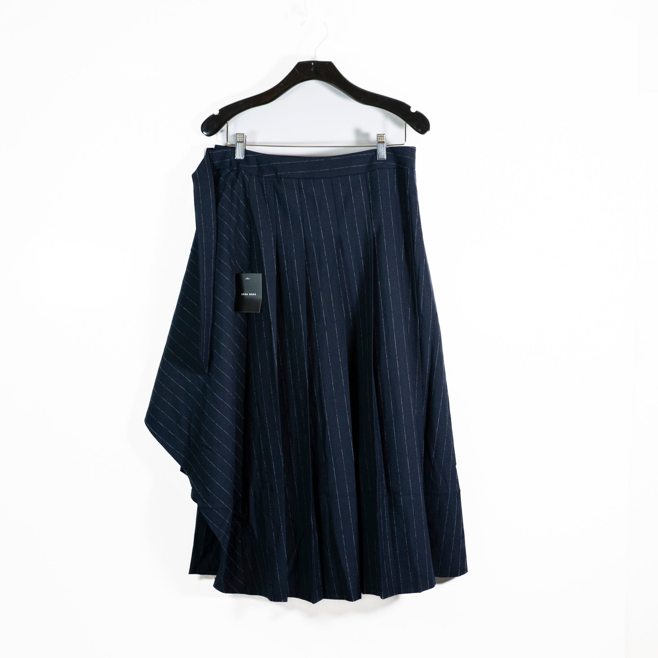 NEW Anna Quan Virginia Wool Blend Stretch Wrap Pleated Skirt Chalk Stripe Navy 8
