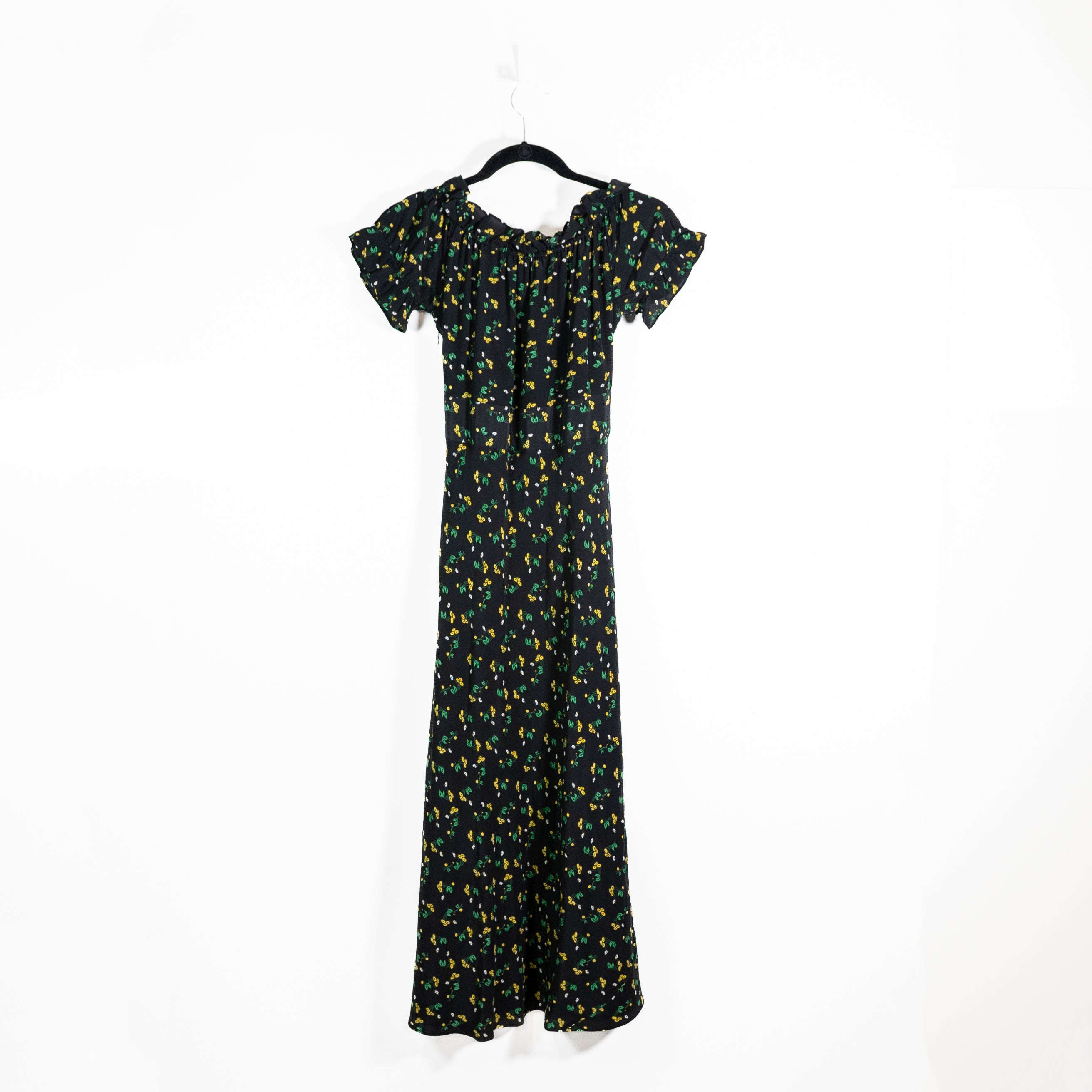 Rixo Silk Chiffon Green Yellow Floral Flower Print Pattern Midi Dress Small
