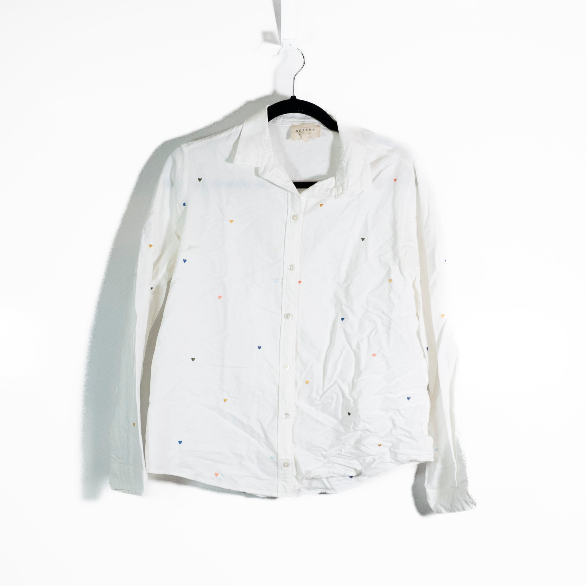 Sezane Tomboy Cotton Collared Long Sleeve Button Down Dress Shirt Hearts Small