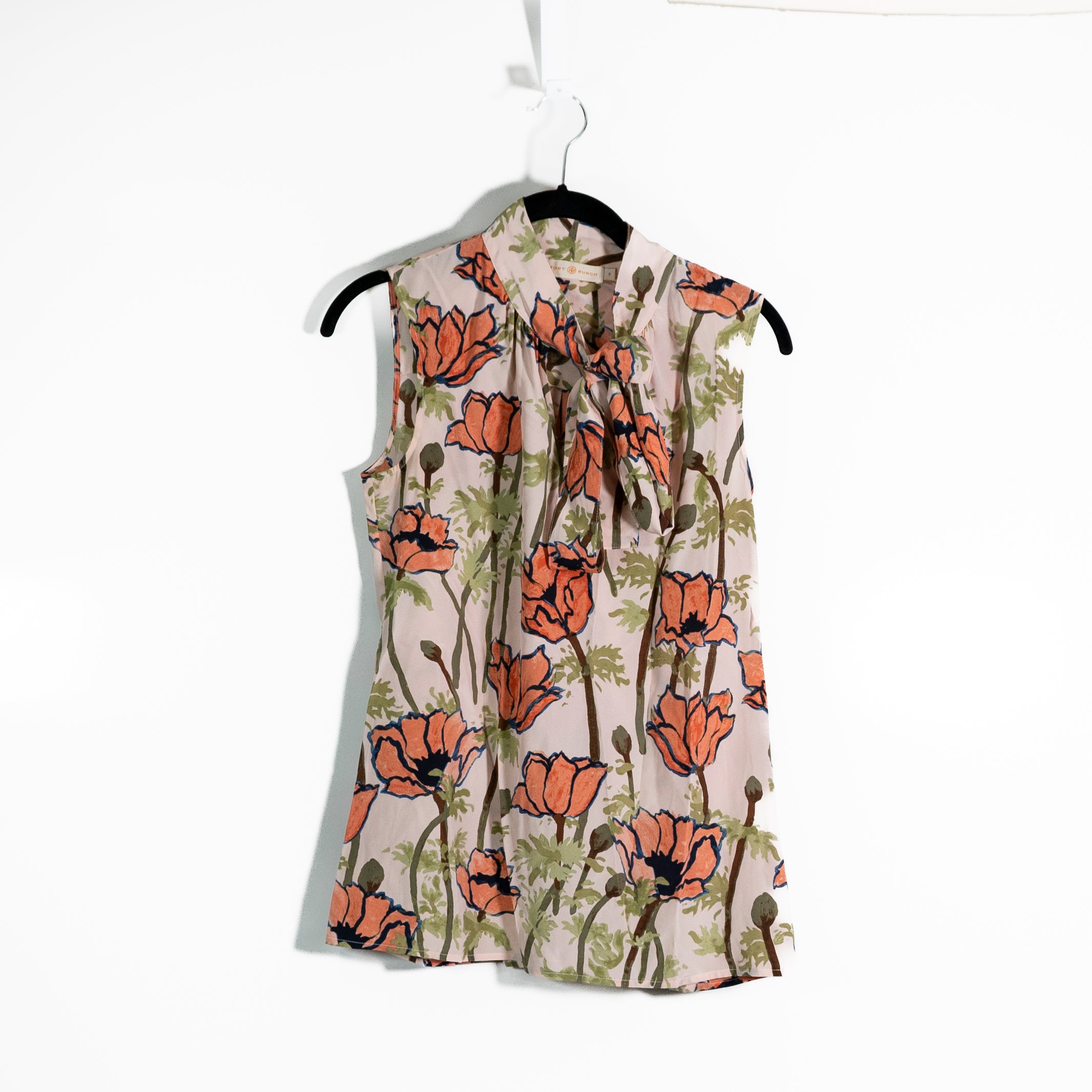Tory Burch Silk Chiffon Tie Neck Sleeveless Floral Flower Print Pattern Blouse 0