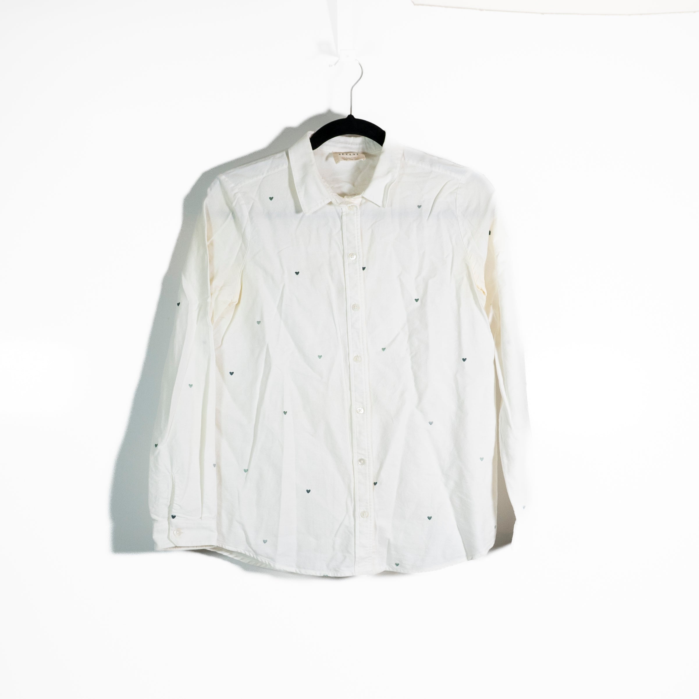 Sezane Tomboy Cotton Collared Long Sleeve Button Down Shirt Blue Hearts Small