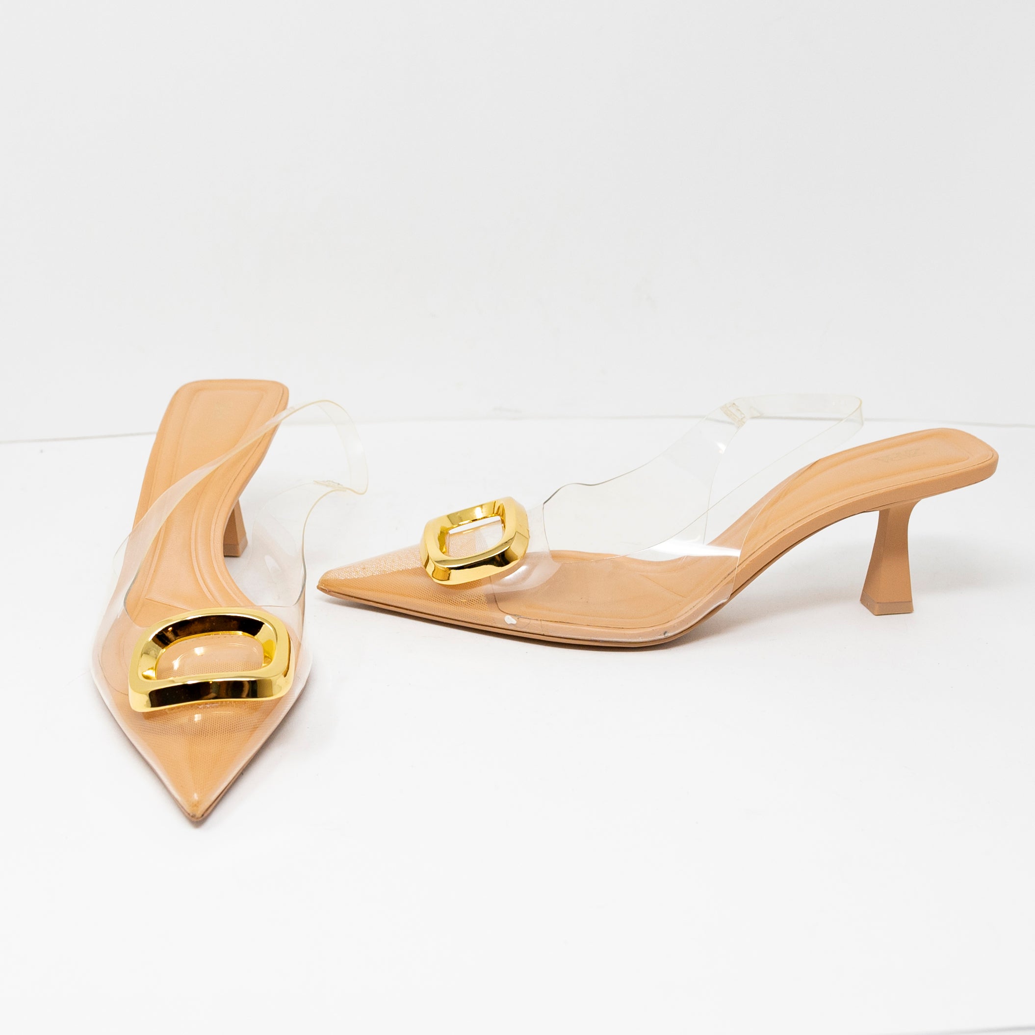 Zara Geometric Adornment Clear Strap Pointed Toe Slingback Pumps Heels Shoes 11