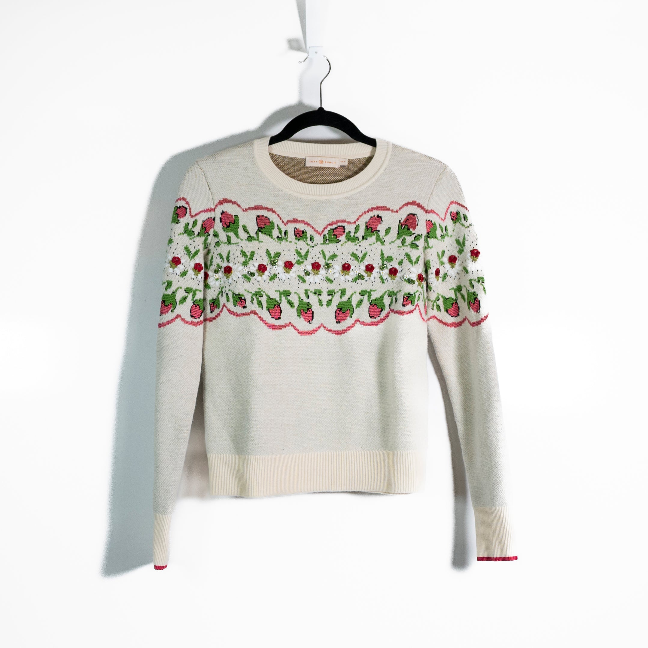 Tory Burch Wool Floral Flower Print Pattern Beaded Embroidered Pullover Sweater