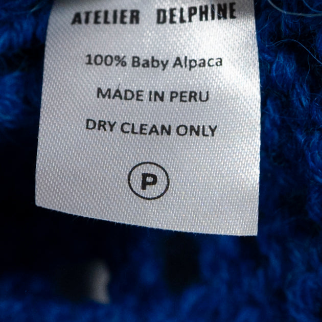 Atelier Delphine Baby Alpaca Loose Crochet Knit Crew Neck Pullover Sweater Blue