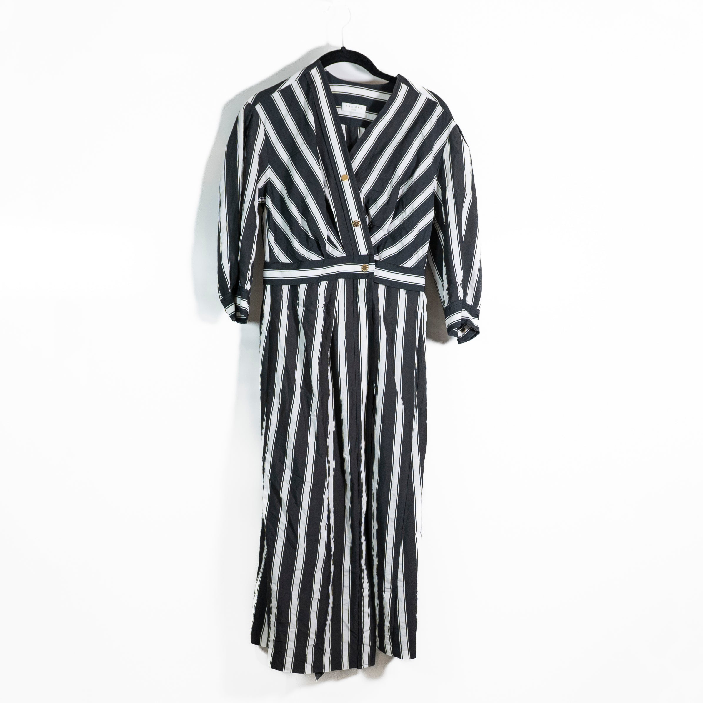 Sandro Black White Asymmetrical Stripe Button Midi Shirt Dress Small