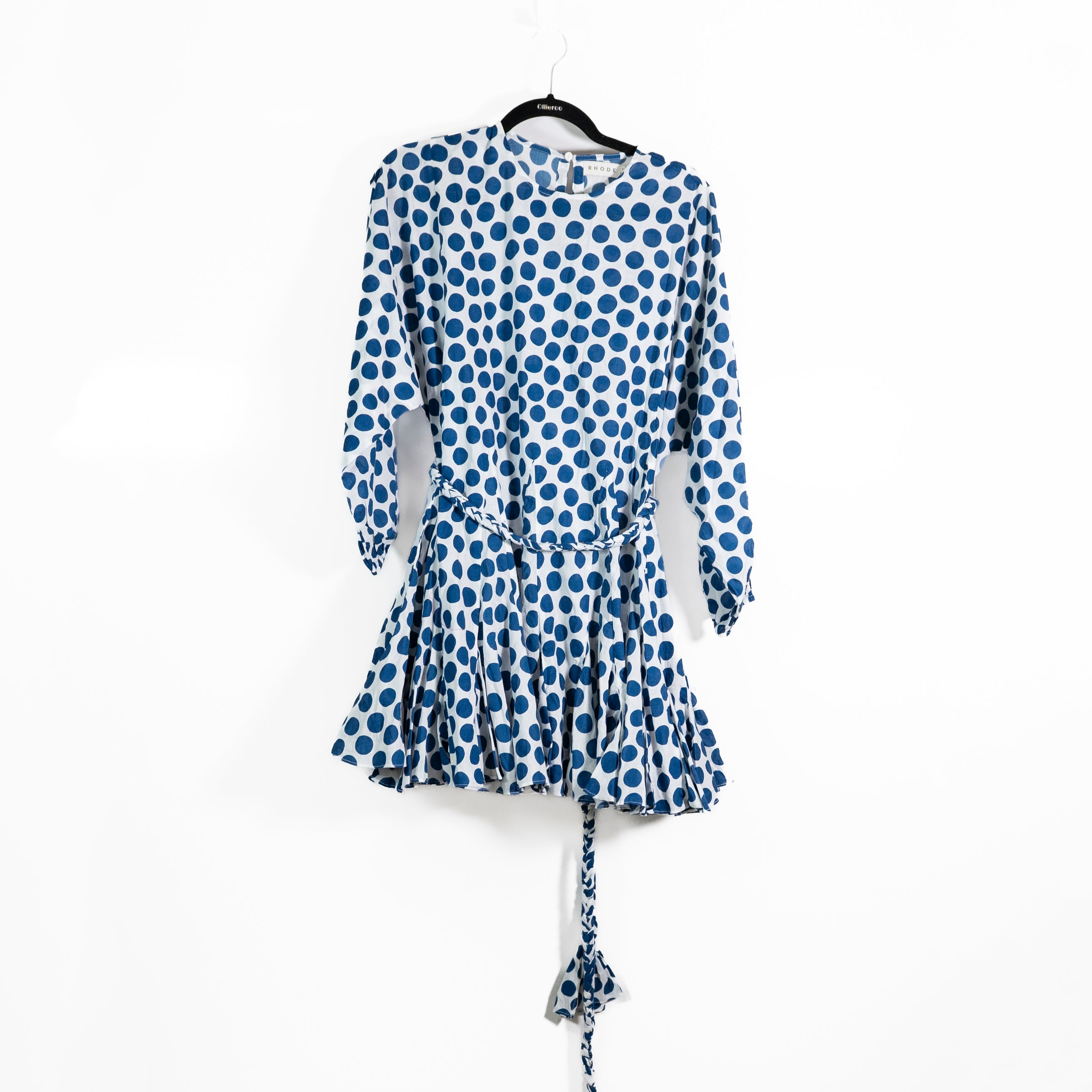 Rhode Ella Cotton Braided Belt Fit Flare Minidress Blue White Polka Dot Print S