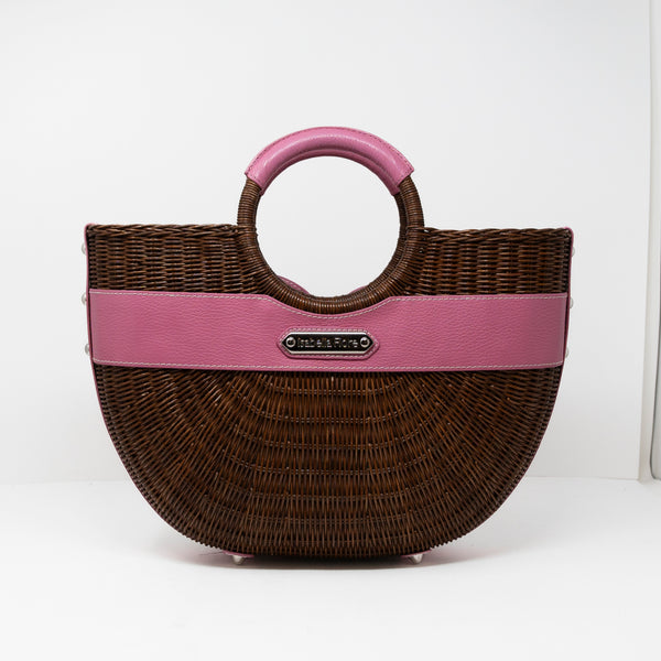 Isabella Fiore Basket Wicker Woven Leather Bow Top Handle Purse Bag Tote Pink