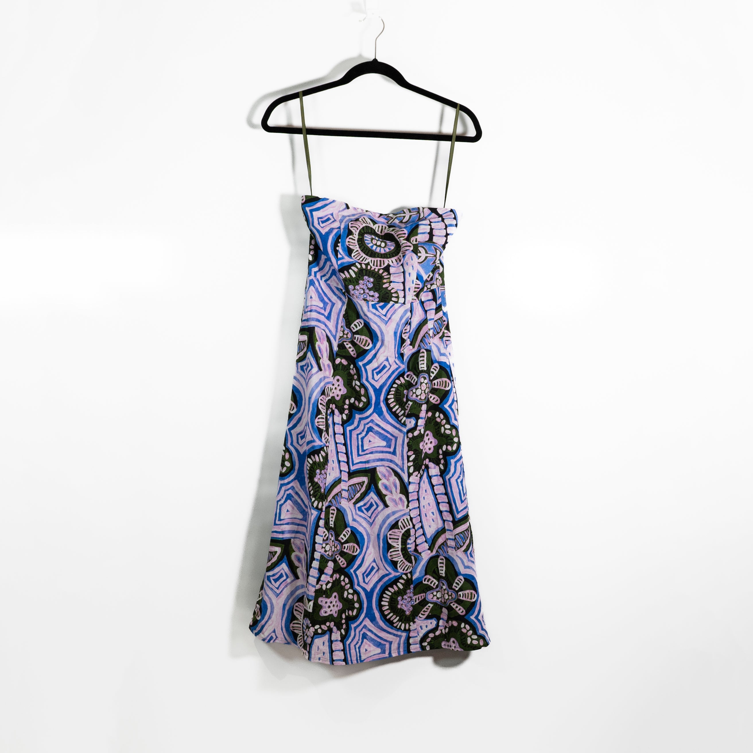 NEW Marie Oliver Porcia Strapless Linen Cotton Weave Midi Dress Hyacinth Print 0