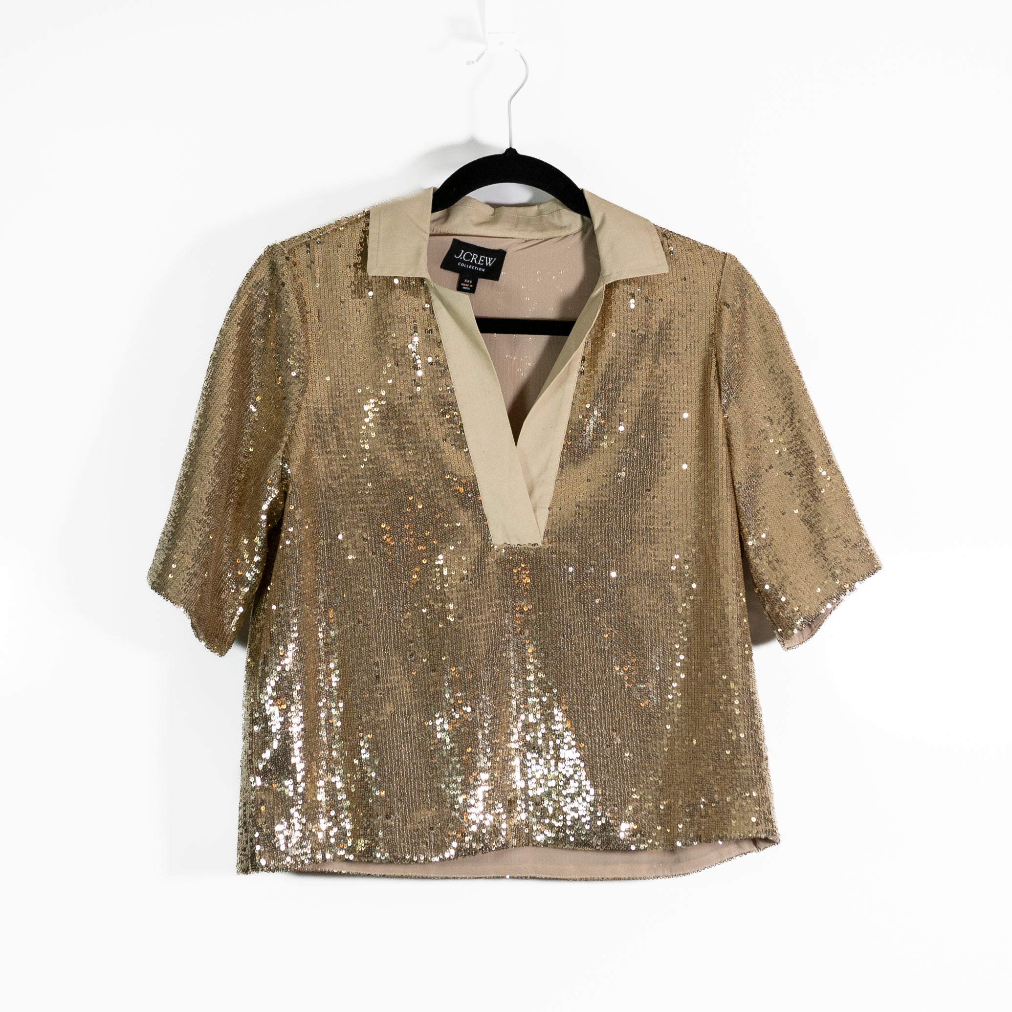 NEW J. Crew Collection Women's Limited-Edition Sequin V-Neck Collared Shirt Gold