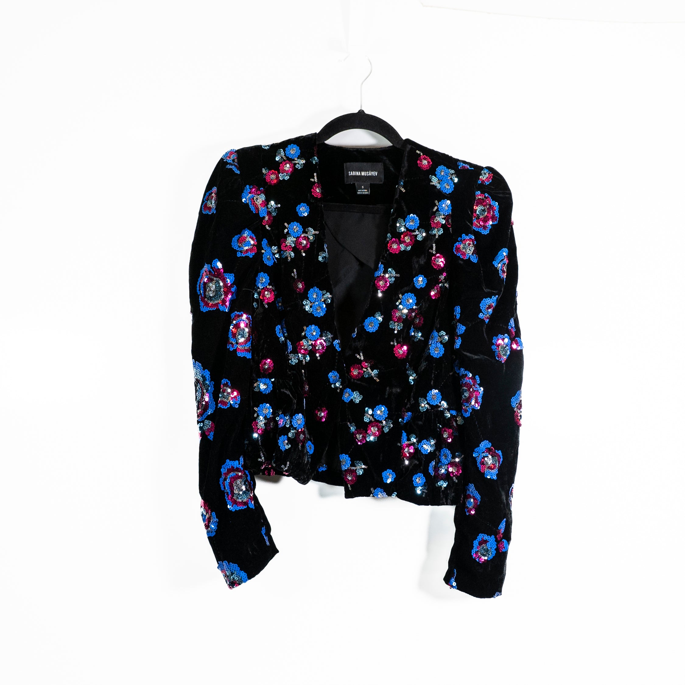 Sabina Musayev Floral Flower Sequin Sparkle Embellished Velvet Velour Jacket S