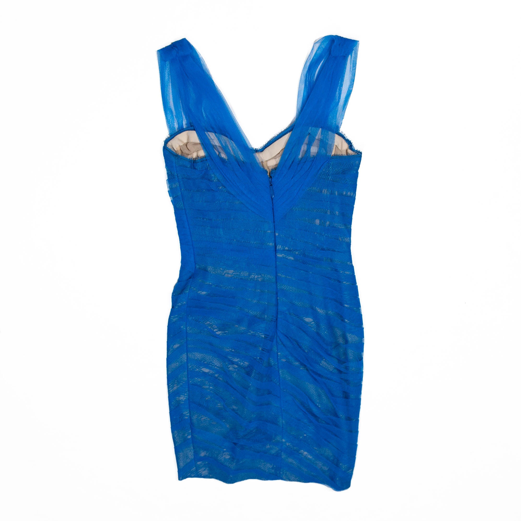 Monique Lhuillier Cobalt Blue Tulle Mesh Pleater Semi Sheer Overlay Mini Dress 2