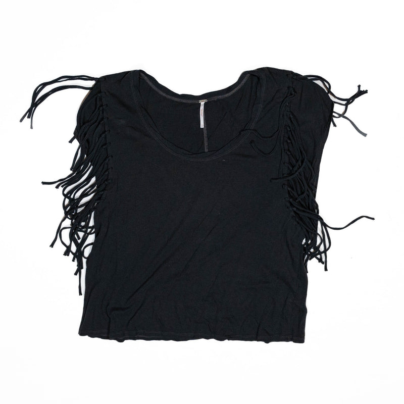Free People Cotton Modal Ultra Soft Stretch Fringe Tassel Detail Black Tee Shirt