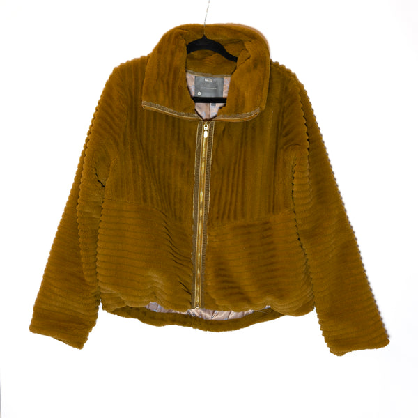 Anthropologie Natasha Faux Vegan Fur Ribbed Full Zip Up jacket Coat Mustard XL
