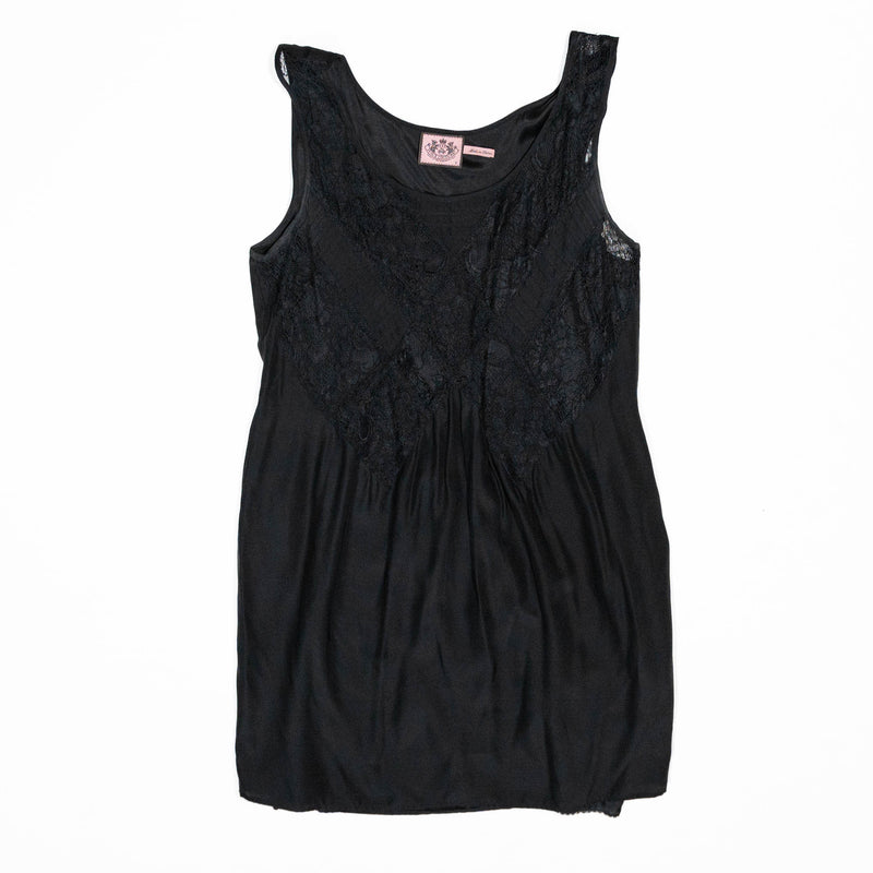 Juicy Couture Silk Chiffon Semi Sheer Lace Sleeveless Pullover Mini Dress Black