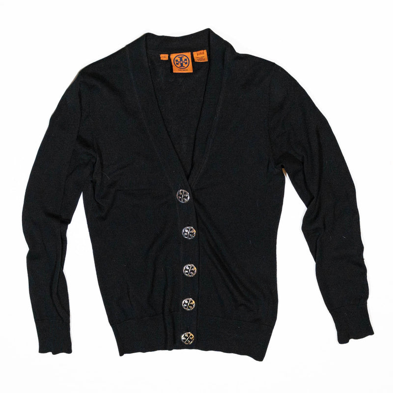 Tory Burch Simone Wool Knit Logo Button Front Long Sleeve Cardigan Sweater Black
