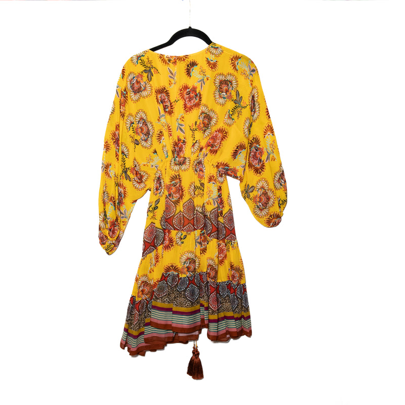 Alexis Holli Chiffon V Neck Tassel Pullover Tiered Mini Dress Amber Bloom Print