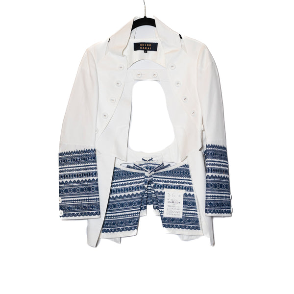 Shiro Sakai Cotton White Blue Embroidered Cut Out Open Front Jacket Blazer Small