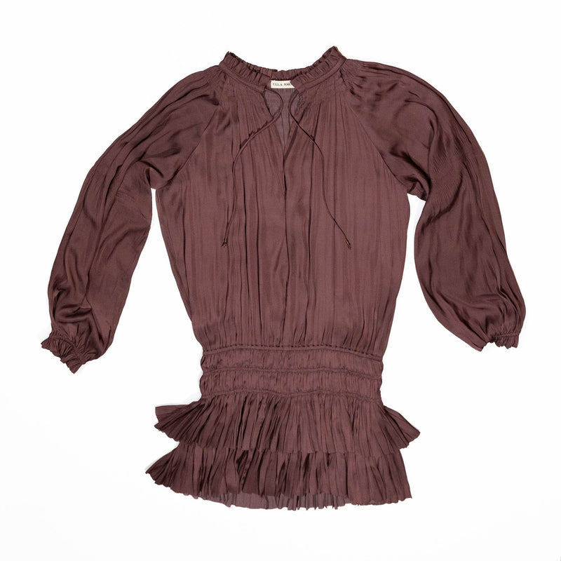 Ulla Johnson Piera Satin Finish Pleated Drop Waist Mini Dress Aster Mauve 0